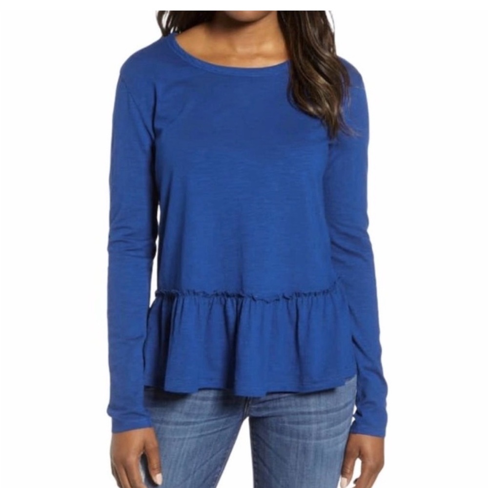 Caslon Women's Blue Long Sleeve Peplum Top Medium C1-032